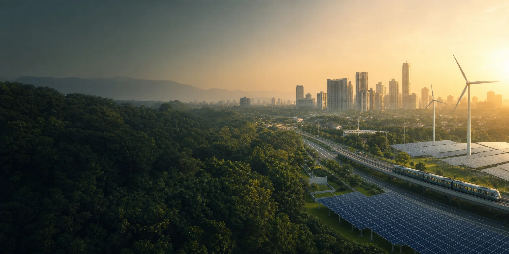 A green Indian smart city with forests, renewable energy and clean mobility