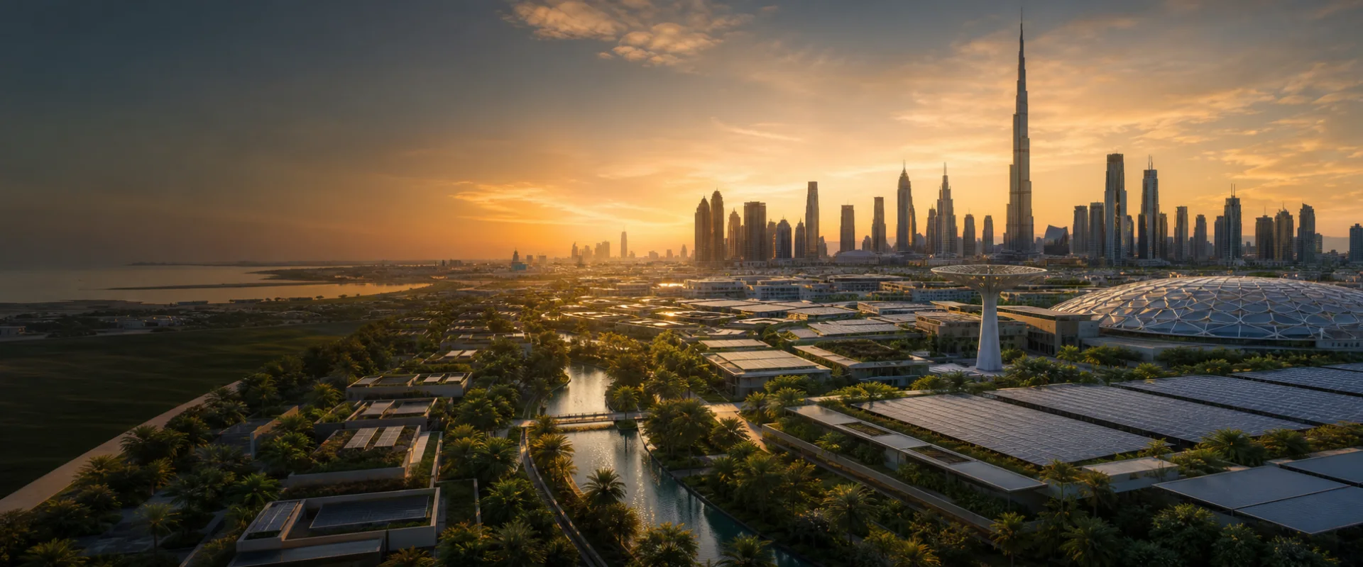 Dubai skyline, solar energy and green architecture at sunset
